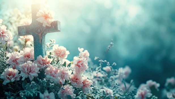 A serene scene of a cross amidst blooming flowers under soft light. Christian symbols.