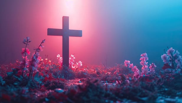 Mystical Cross Amidst Blooming Flowers Under Ethereal Light