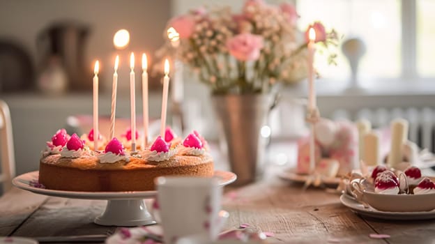 Birthday cake with candles and flowers on the table. Selective focus.
