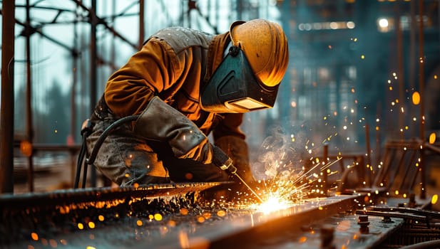 Industrial worker with protective mask welding steel structure at construction site.