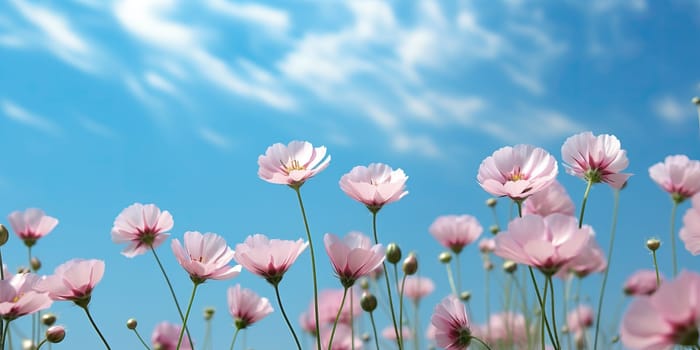 Blooming Pink Cosmos Flowers Under a Clear Blue Sky