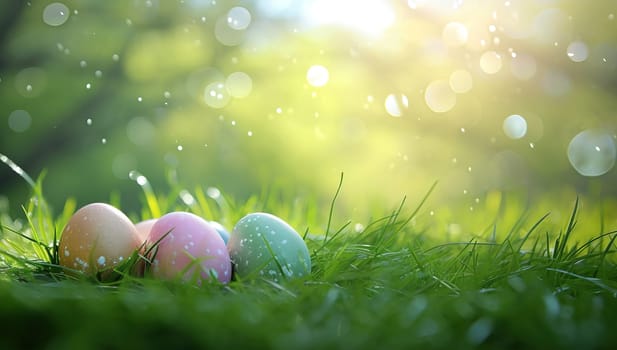 Colorful Easter eggs nestled in green grass under the bright sunlight