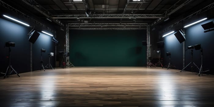 Interior of modern photo studio with lighting equipment and empty green wall