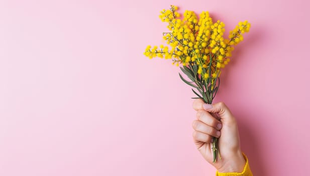 Hand holding a bright yellow bouquet of flowers against a pink background