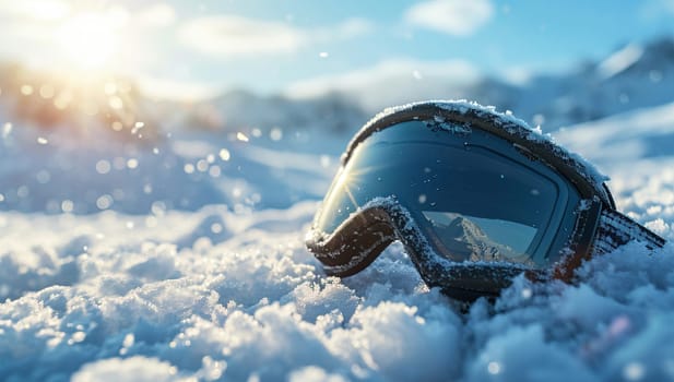 Ski goggles in the snow. Extreme winter sports.