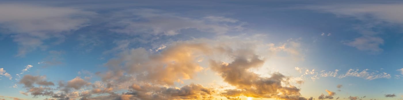 Dark blue sunset sky panorama with pink Cumulus clouds. Seamless hdr 360 pano in spherical equirectangular format. Full zenith for 3D visualization, game, sky replacement for aerial drone panoramas