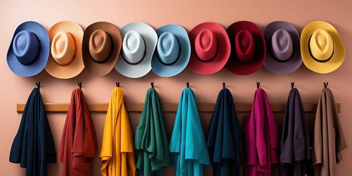 Colorful hats and scarves arranged on a light pink wall