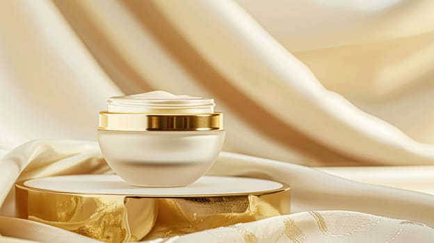 Face cream in a glass jar on a white and gold background. Skin care concept. Backdrop for beauty cosmetic products