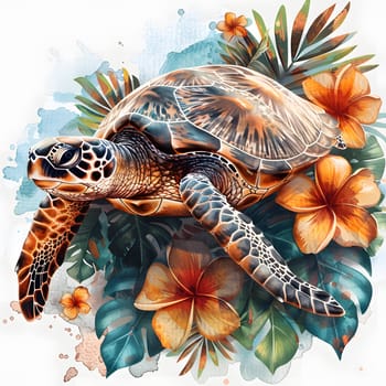 An artistic illustration of a sea turtle surrounded by tropical flowers and leaves, showcasing the beauty of nature and the creativity of the artist