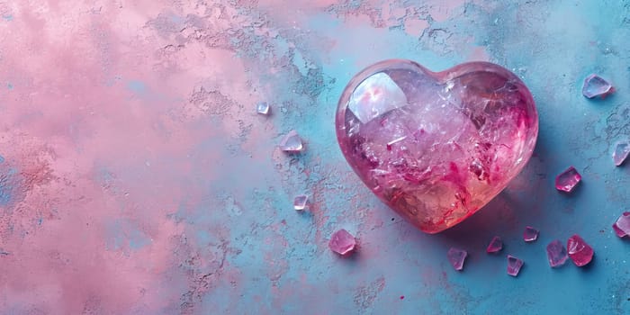 Crystal Heart Amidst Gemstones on a Colorful Surface. Copy space. Valentine's Day concept.