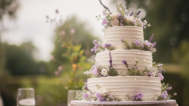 Wedding cake with lavender flowers. Festive table decoration.