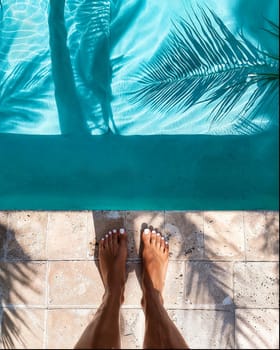 Chic summer pedicure by a sunlit pool with palm tree shadows