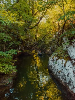 A young couple enjoying an idyllic kayak ride in the middle of a beautiful river surrounded by forest greenery.