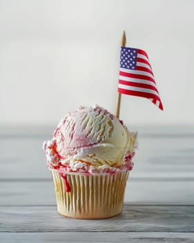 Cupcake with american flag, vanilla ice cream