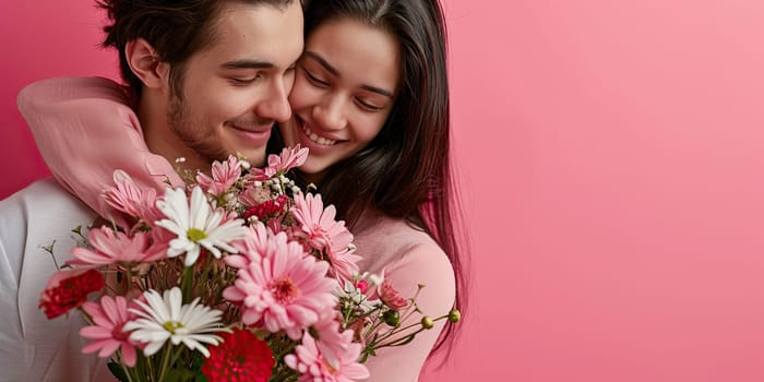 happy young couple with bouquet of flowers on pink background