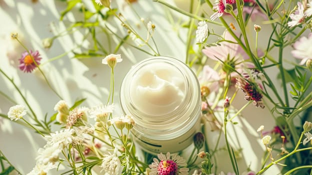 Cosmetic branding, toiletries and skincare concept. Face cream moisturizer jar on floral background, moisturizing skin care lotion and lifting emulsion, anti-age cosmetics for luxury beauty brand