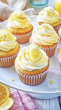 Homemade lemon cupcakes with buttercream frosting, baking recipe