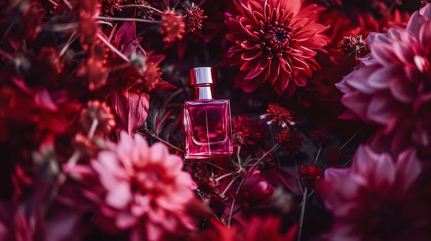 Perfume bottle with beautiful flowers. Floral background. Beauty concept. Flat lay, top view.