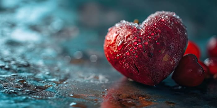 Red heart with water drops on a dark background. Valentine's day concept