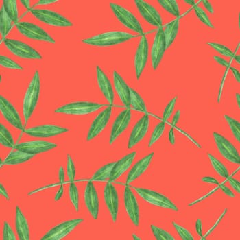 Marigold Flower Leaves Seamless Pattern. Floral Leaf Digital Paper on Red Background.