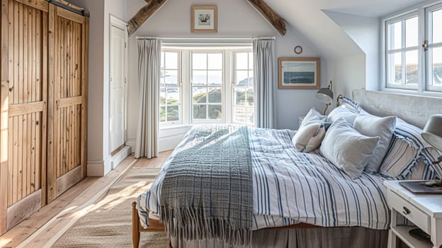 Beautiful interior of luxury bedroom with window sea view. Coastal cottage concept. High quality photo