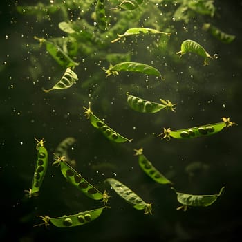 Aquatic plant peas are drifting underwater in the liquid medium, surrounding by fish and other marine organisms in this marine biology scene