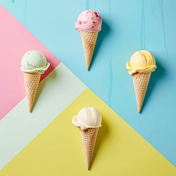 Scoops of ice cream in a waffle cone on a colorful background