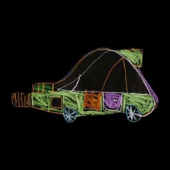 Hand Drawn Violet Car Isolated on Black Background. Children Illustration.