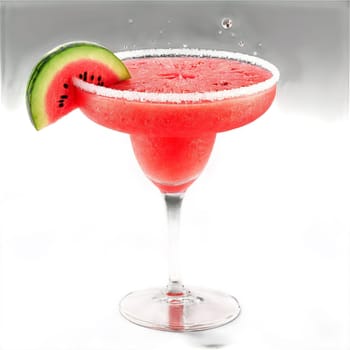Frozen watermelon margarita slushy and refreshing with watermelon wedges and tequila droplets spinning in. Food isolated on transparent background.