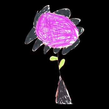 Crayon Kids Hand Drawn Colorful Flower isolated on Black Background. Childs Drawn Pastel Chalk Blooming Flower. Cute of Kids Painting Spring Floral Illustration.
