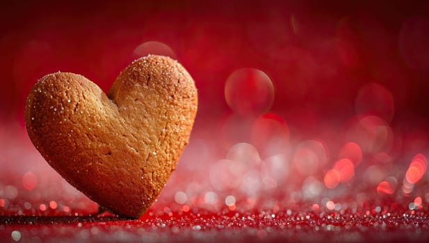 Heart shaped cookie on red bokeh background with copy space