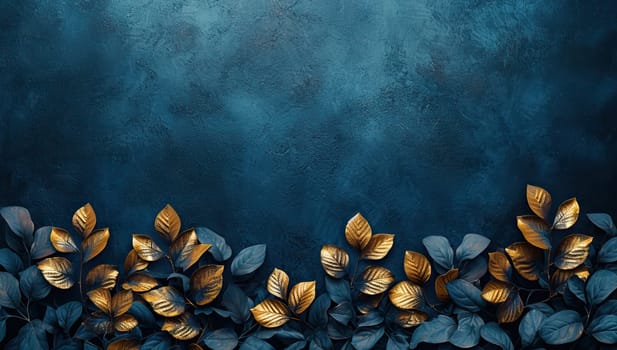 Golden Leaves on Blue Background