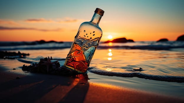 A bottle with a message inside on the beach at sunset