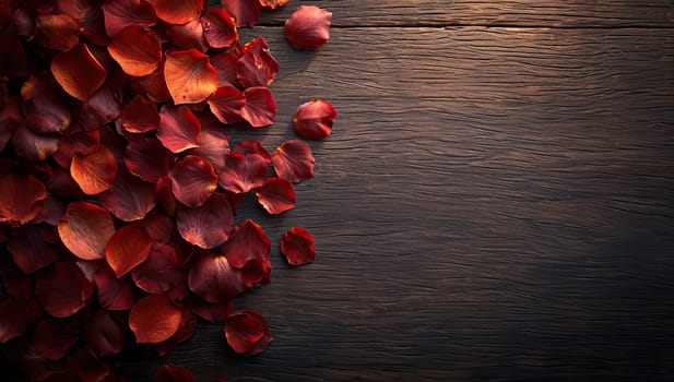 Red rose petals on wooden background. Top view with copy space