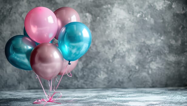 Colorful balloons on grey concrete background with copy space for your text