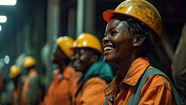 Group of young African people working in a factory. Industrial workers concept.