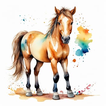 Horse in watercolor style, isolated on white background with splash, Running watercolor brown horse. Watercolor horse. High quality photo