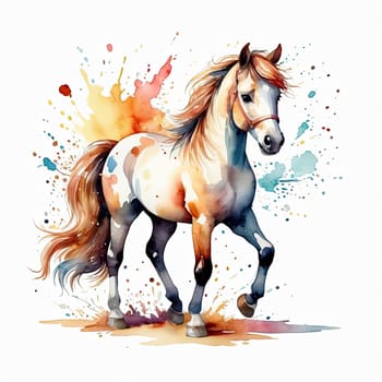 Horse in watercolor style, isolated on white background with splash, Running watercolor brown horse. Watercolor horse. High quality photo