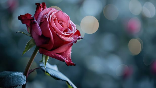 red rose with dew drops on a bokeh background