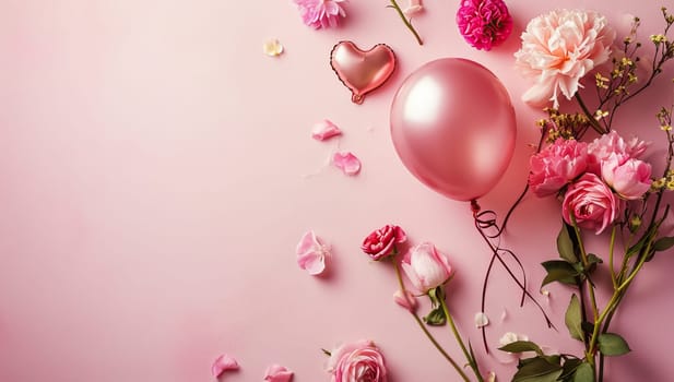 Valentine's day background with roses and balloons on pink background