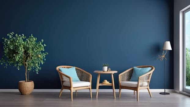 Two wooden chairs and a table placed against a blue wall in a room.