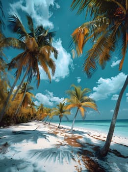 A picturesque natural landscape with palm trees swaying in the coastal breeze, under a clear blue sky dotted with fluffy white clouds, overlooking the sparkling waters of the ocean