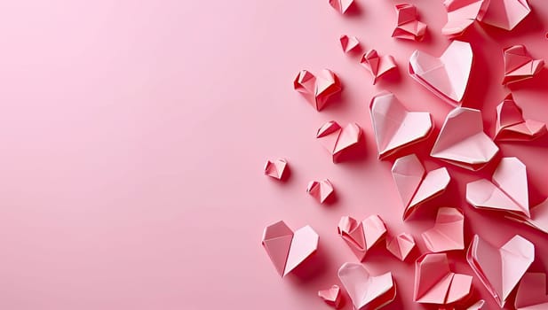 Origami paper hearts on pink background. Valentine's day concept.