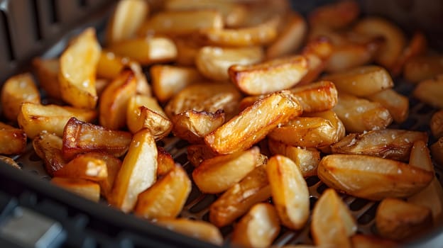 Yukon gold potatoes are being turned into crispy French fries in an air fryer, a delicious staple food dish made without oil