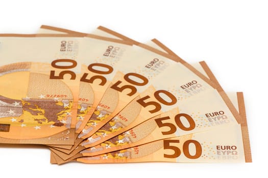 50 euro bills spread out in the shape of a fan. Isolated on white background. 2