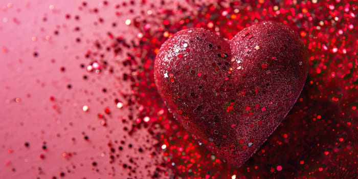 Red heart on a pink background with sparkles. Valentine's Day