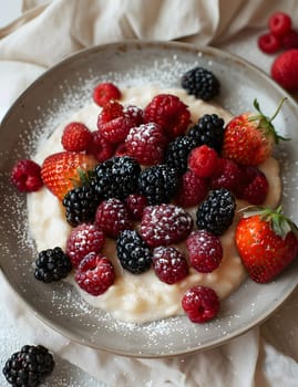 A dish of natural foods featuring berries and powdered sugar as ingredients, served on a plate. This fruitbased cuisine is a staple food in many recipes