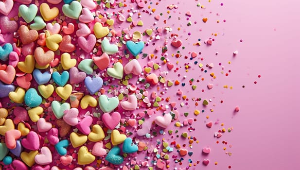 Colorful heart shaped confetti on pink background. Top view.
