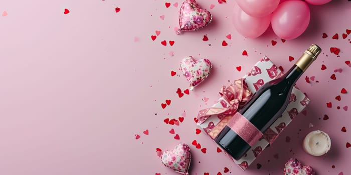 Valentine's day background with champagne bottle, gift box and pink hearts on pink background