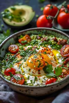 A dish of Menemen, a Turkish cuisine, consisting of eggs, tomatoes, and avocado, garnished with fines herbes and served on a plate on the table